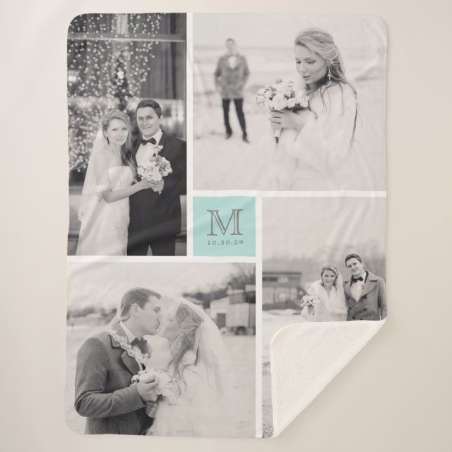 Couverture Sherpa Monogramme bleu turquoise 4 Mariage photo Collage (Devant)