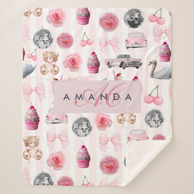 Couverture Sherpa Monogramme Blush Rose Retro Disco Ball Coquette (Devant)