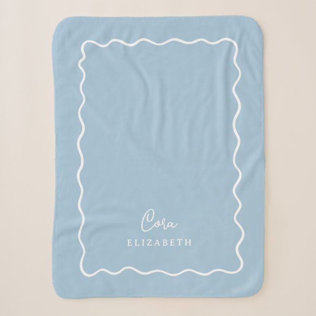 Couverture Sherpa Monogramme bordure ondulée bleu ciel (Devant)