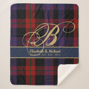 Couverture Sherpa Monogramme BROWN Tartan bleu rouge Mariage des jeu