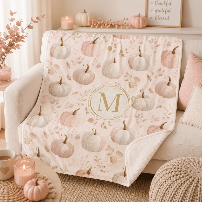 Couverture Sherpa Monogramme Citrouille Pastel – Initiale Personnali (Créateur téléchargé)