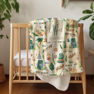 Couverture Sherpa Monogramme de motif illustré de camping à l'aquare