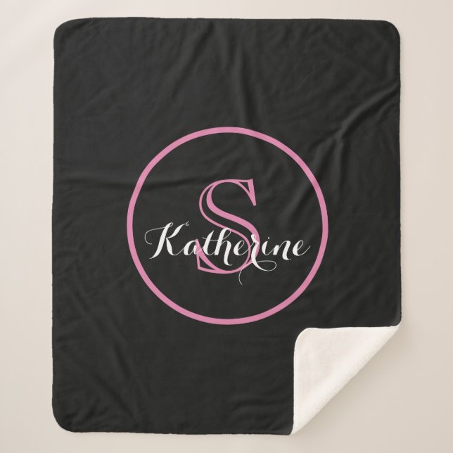 Couverture Sherpa Monogramme de nom personnalisé Rose Noir (Devant)