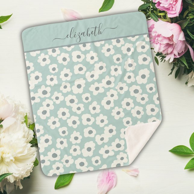 Couverture Sherpa Monogramme de script Boho vert blanc gris floral  (Green white Gray Floral Boho Personalized Sherpa Blanket. Throw Blanket, Twin Bed size and Baby size)