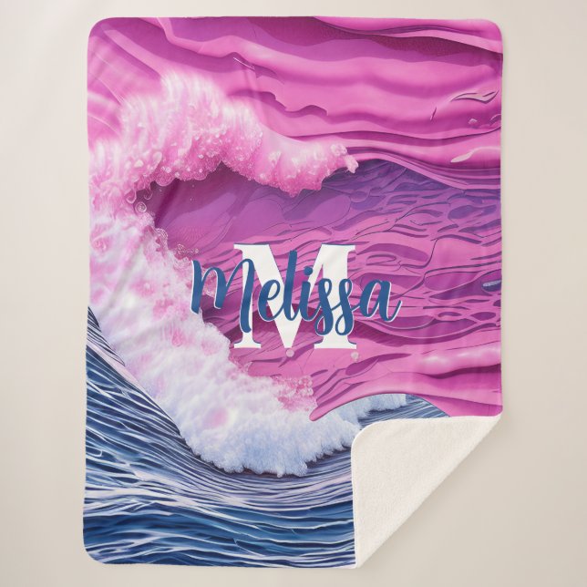 Couverture Sherpa Monogramme des vagues de l'océan rose Abstrait (Devant)