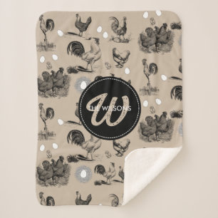 Couverture Sherpa Monogramme d'oeuf de coq de poulet vintage