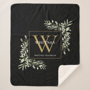 Couverture Sherpa Monogramme doré Vert feuillu Aquarelle Noir