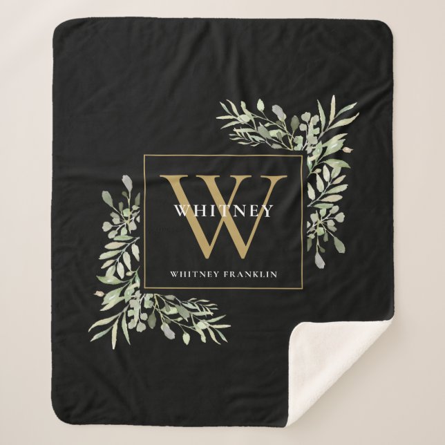Couverture Sherpa Monogramme doré Vert feuillu Aquarelle Noir (Devant)