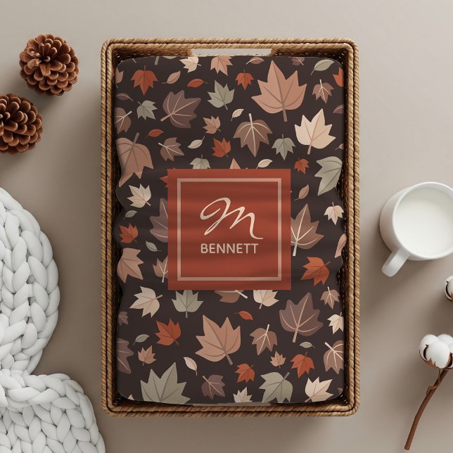 Couverture Sherpa Monogramme Feuilles de Luxe Sombre d'Automne (Créateur téléchargé)