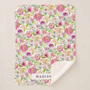 Couverture Sherpa Monogramme floral coloré à la menthe chic en flora