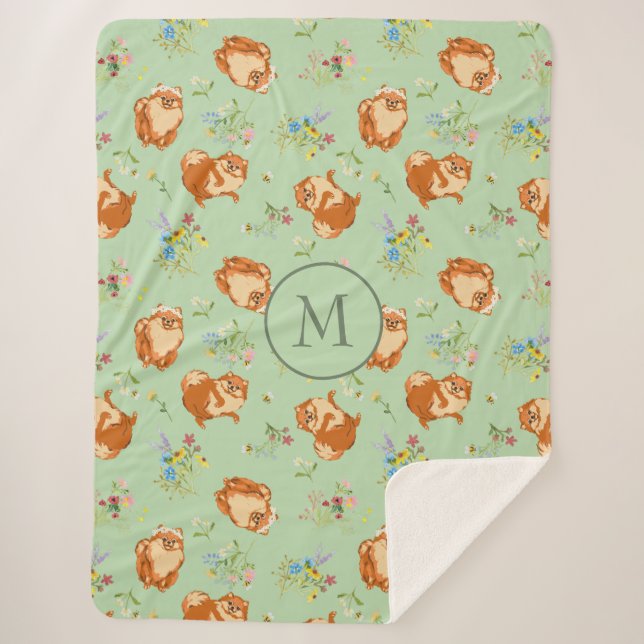 Couverture Sherpa Monogramme Floral Poméranie Motif Mint Green (Devant)