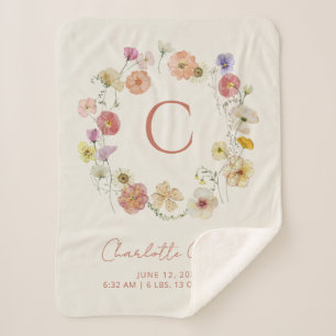 Couverture Sherpa Monogramme Floral Wreath Aquarelle Statistiques de