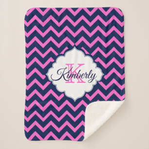 Couverture Sherpa Monogramme Marine-Bleu Et Rose Chevron