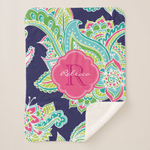 Couverture Sherpa Monogramme Marine et rose Boho Paisley