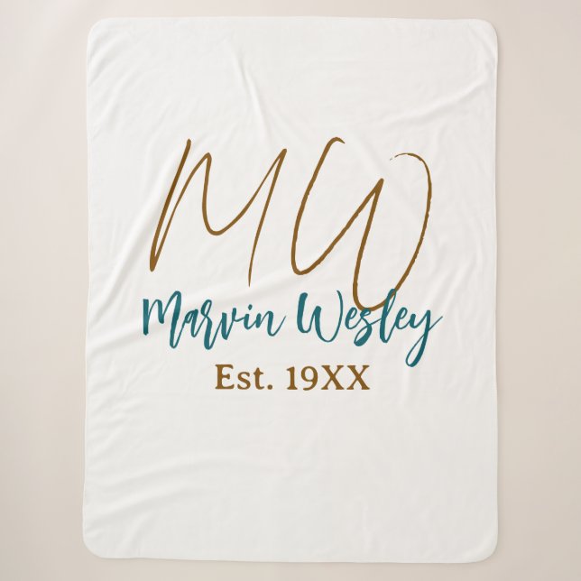 Couverture Sherpa Monogramme marron bleu turquoise année simple mini (Devant)