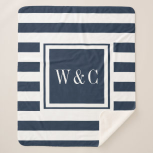 Couverture Sherpa Monogramme Moderne Rayure Bleu Nuit Blanc