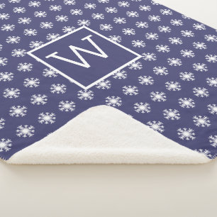 Couverture Sherpa Monogramme Noël Blanc Neige cristal Marine Bleu