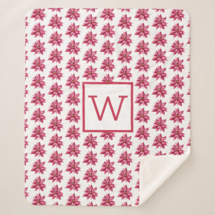 Couverture Sherpa Monogramme Noël Rouge Poinsetta Floral Blanc