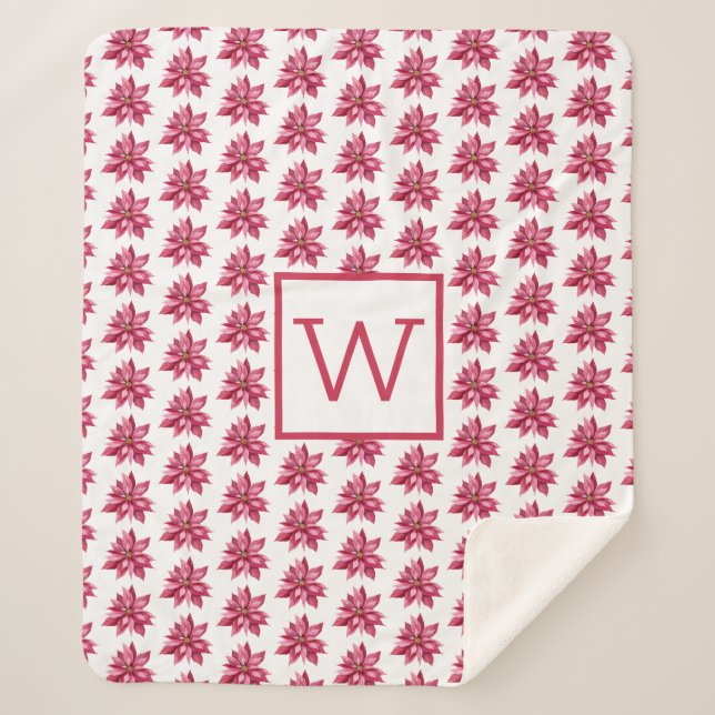 Couverture Sherpa Monogramme Noël Rouge Poinsetta Floral Blanc (Devant)