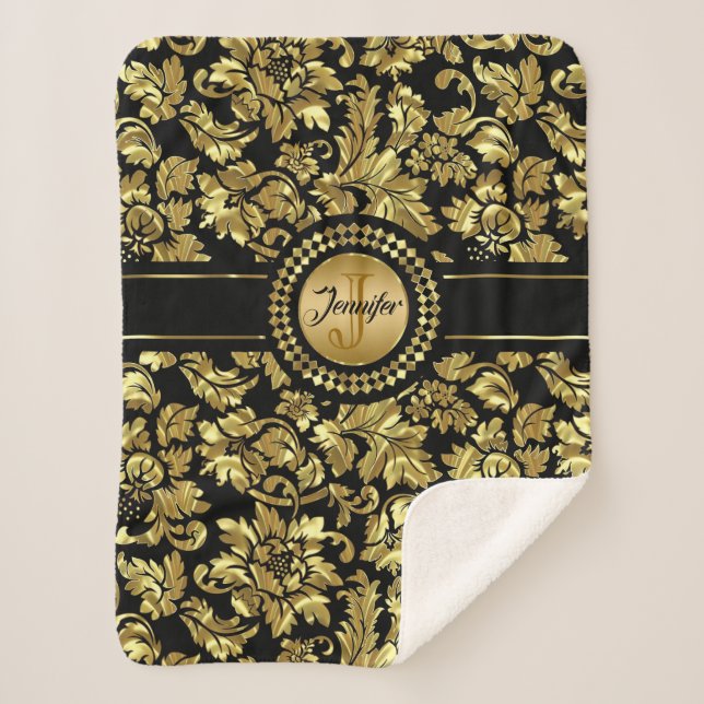 Couverture Sherpa Monogramme noir et or Damas (Devant)
