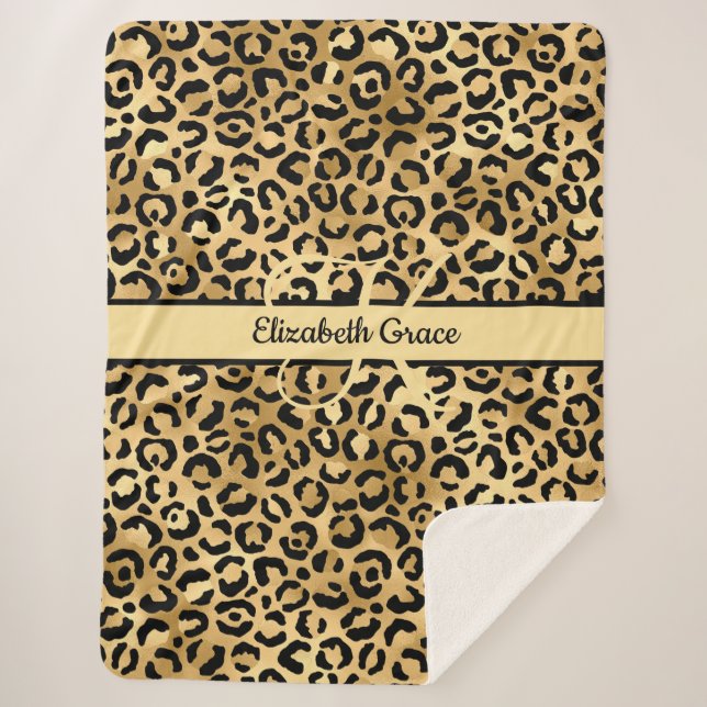 Couverture Sherpa Monogramme noir or imprimé léopard guépard animal (Devant)