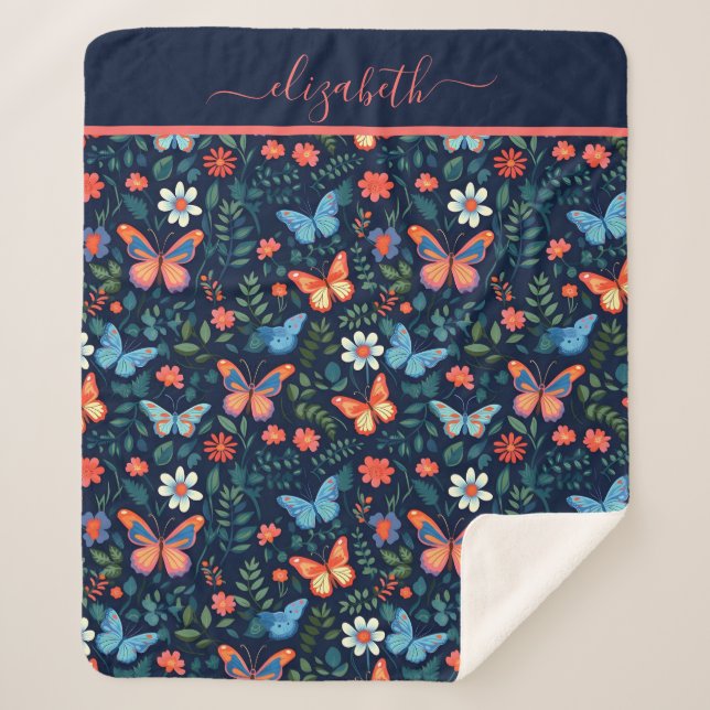 Couverture Sherpa Monogramme Nom Bleu Nuit Rose Pêche Papillon  (Devant)