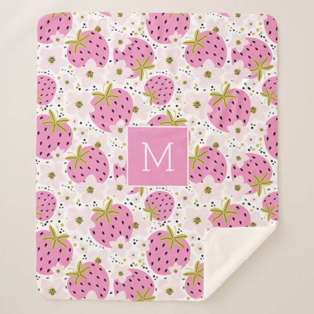Couverture Sherpa Monogramme personnalisé de fraises roses (Devant)