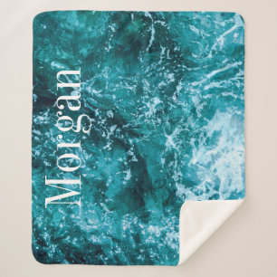 Couverture Sherpa Monogramme personnalisé Vagues de mer Turquoise