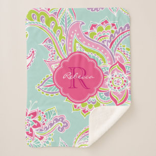 Couverture Sherpa Monogramme rose et menthe Boho Paisley