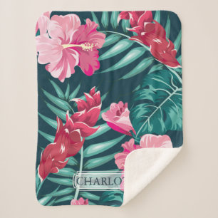 Couverture Sherpa Monogramme rose Fleurs Exotiques