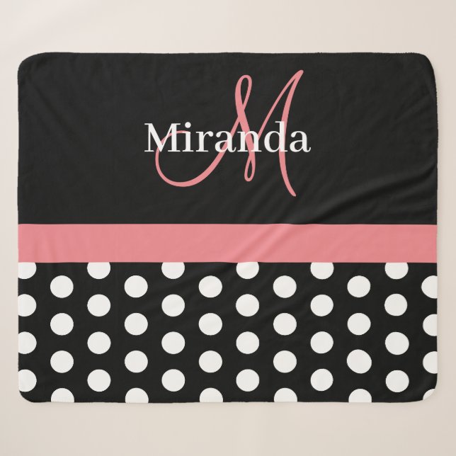 Couverture Sherpa Monogramme rose noir foncé Point Polka (Devant (Horizontal))