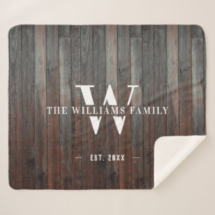 Couverture Sherpa Monogramme Rustique moderne Nom de famille Bois Vi