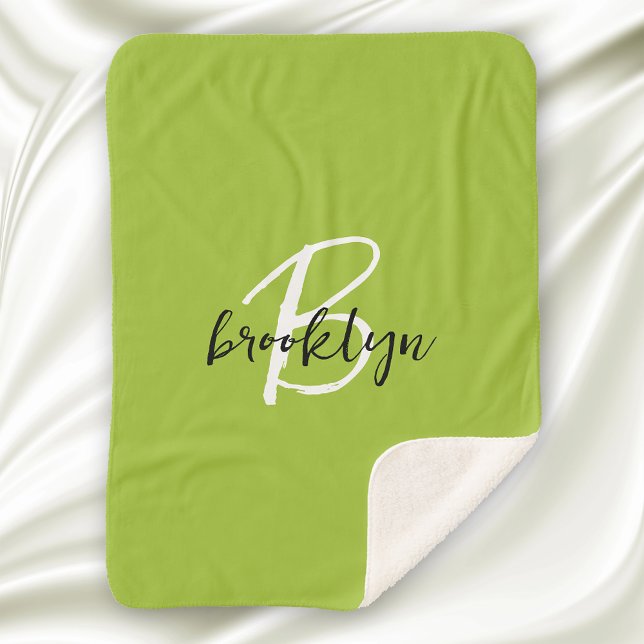Couverture Sherpa Monogramme tendance vert citron, noir et blanc en  (Créateur téléchargé)