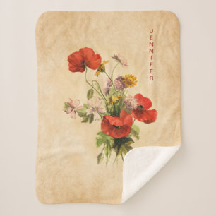 Couverture Sherpa Monogramme Vintage Bouquet rustique Poppies rouges