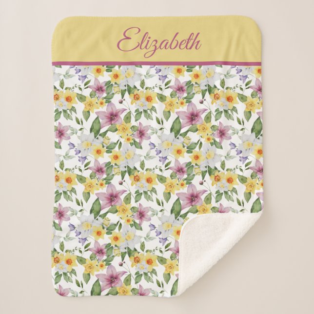 Couverture Sherpa Monogramme violet jaune blanc vert floral (Devant)