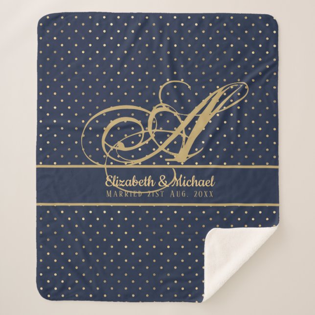 Couverture Sherpa Monorgam Navy Blue Gold Polkadot Newlywes Mariage (Devant)