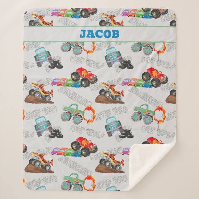 Couverture Sherpa Monster Truck Jam Watercolor Cars Enfants (Devant)