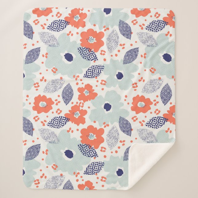 Couverture Sherpa Motif à fleurs moderne orange et bleu (Devant)