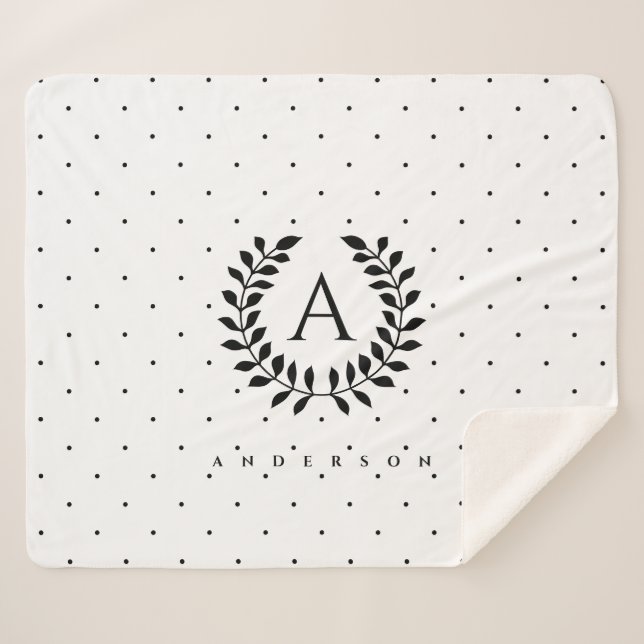 Couverture Sherpa Motif à pois monogramme laurier noir et blanc (Devant (Horizontal))