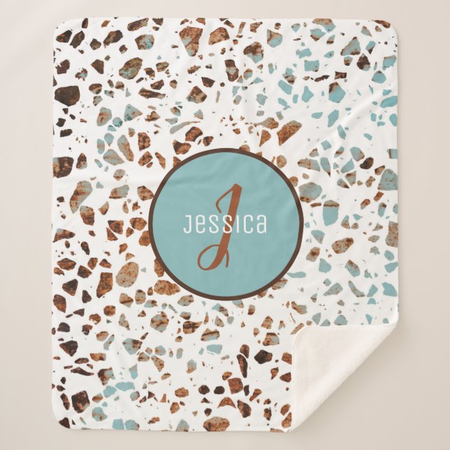 Couverture Sherpa Motif Abstrait customisé Terrazzo Brown et bleu (Devant)