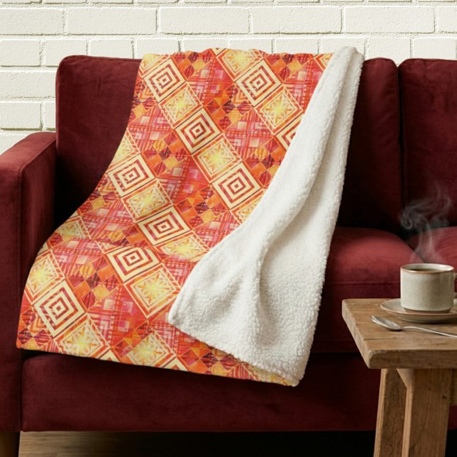 Couverture Sherpa Motif Abstrait Géométrique Moderne (Unique sherpa blanket featuring a geometric abstract pattern with warm terra cotta earth colors)