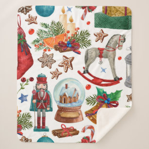 Couverture Sherpa Motif avec ornements de Noël Vintage, jouets et