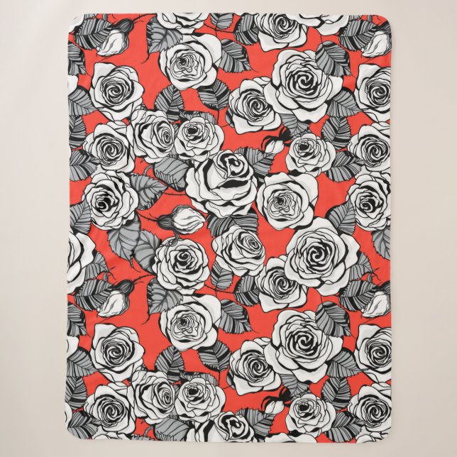 Couverture Sherpa Motif blanc roses (Devant)