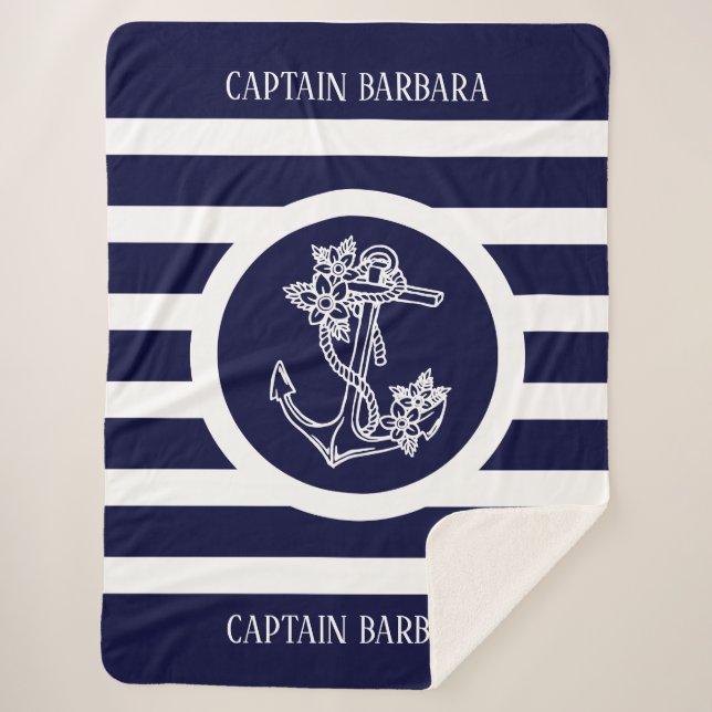Couverture Sherpa Motif Bleu Avec Ancre Nautique Bateau (Devant)
