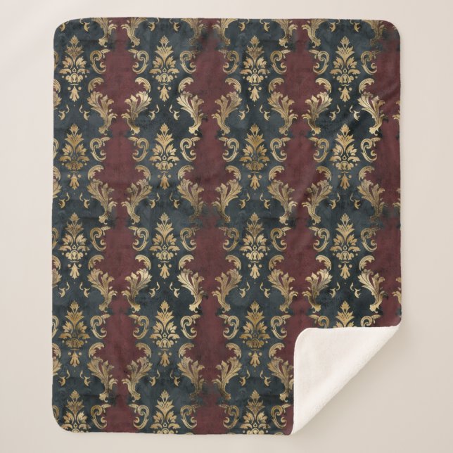 Couverture Sherpa Motif Damask Noir Or Persan (1) (Devant)