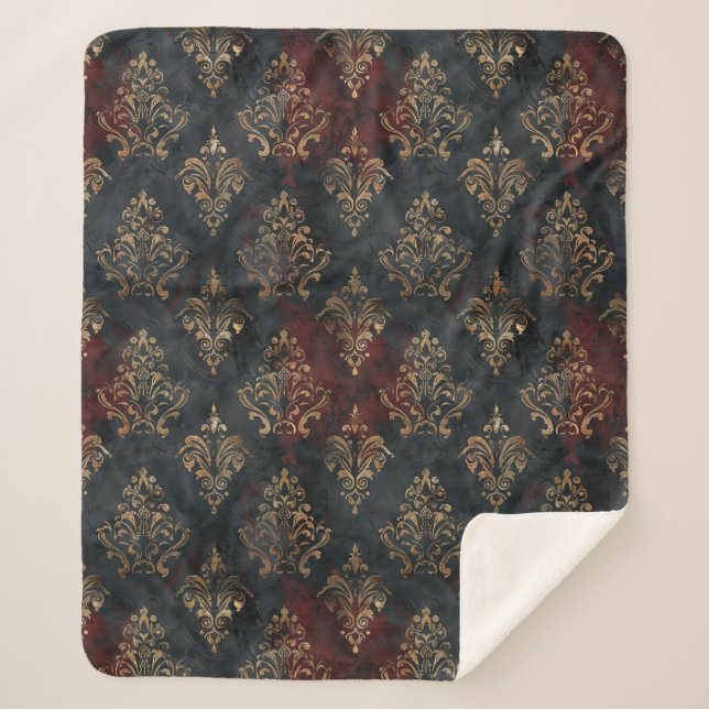 Couverture Sherpa Motif Damask Noir Or Persan (2) (Devant)