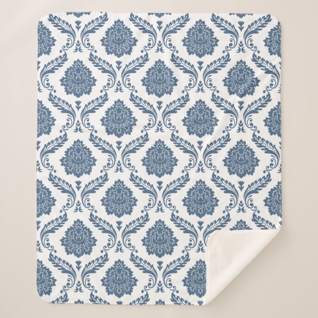 Couverture Sherpa Motif Damassé Rococo Bleu sur Fond Blanc (Devant)