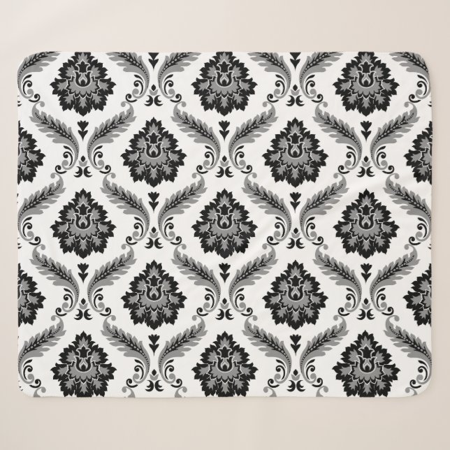 Couverture Sherpa Motif Damassé Rococo Gris Noir Blanc (Devant (Horizontal))