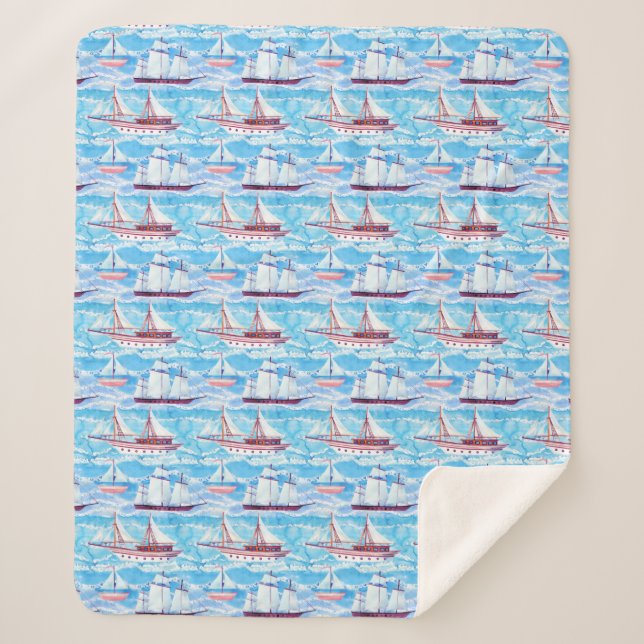 Couverture Sherpa Motif de bateaux de navigation d'aquarelle (Devant)