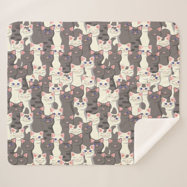 Couverture Sherpa Motif de chats blancs et gris (Devant (Horizontal))